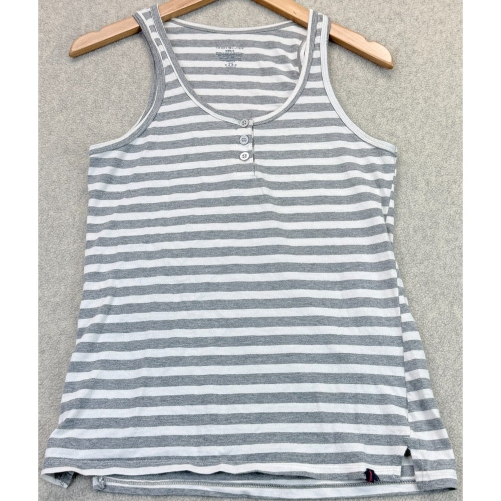 Tommy Hilfiger Womens Henley Tank Top White Gray Striped Stretch Side Slits M